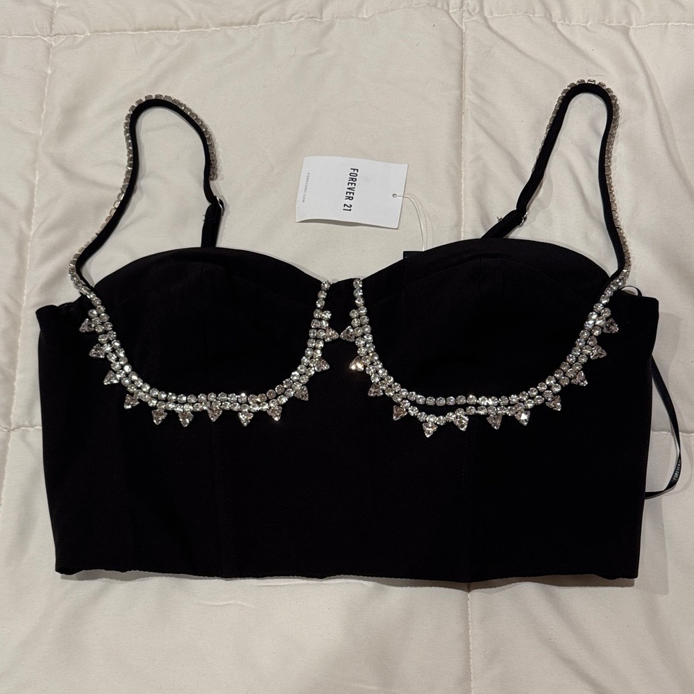 Forever 21 Black Rhinestone Embellished Crop Top - Picture 2 of 8